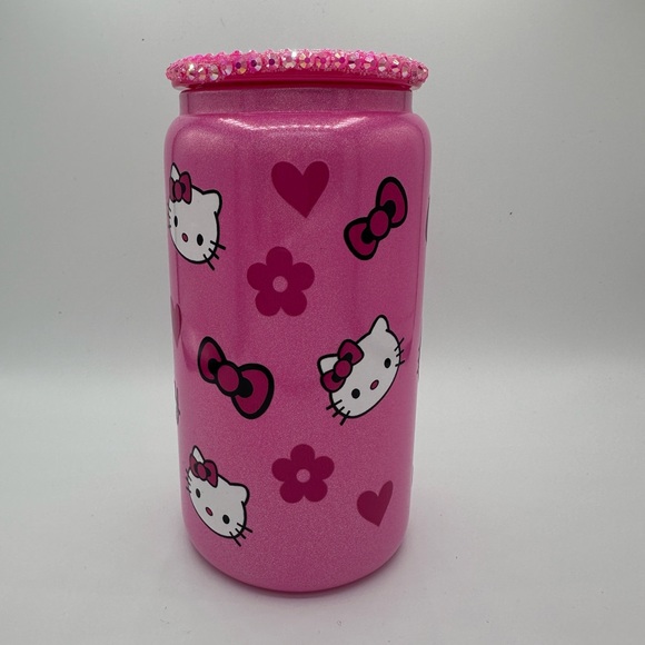 HELLO KITTY 16oz shimmer LIBBEY glass cup with rhinestone lid & straw - Picture 3 of 3